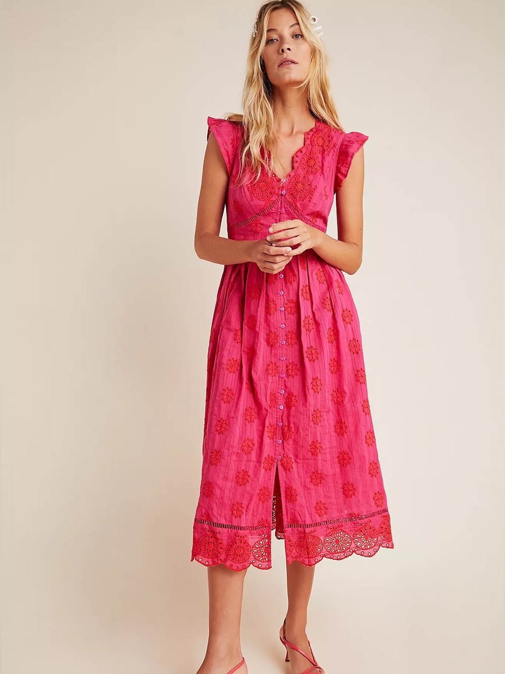 NWT Anthropologie Embroidered Eyelet Scallop Trim Midi Dress Pink Pockets M - Picture 1 of 8